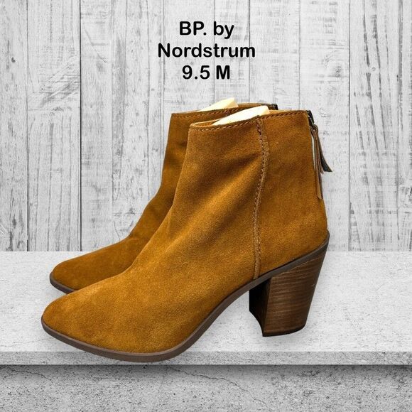 BP. Heath Brown Suede Back Zip Block High Heel Ankle Bootie EUC Womens Size 9.5M - Picture 1 of 12